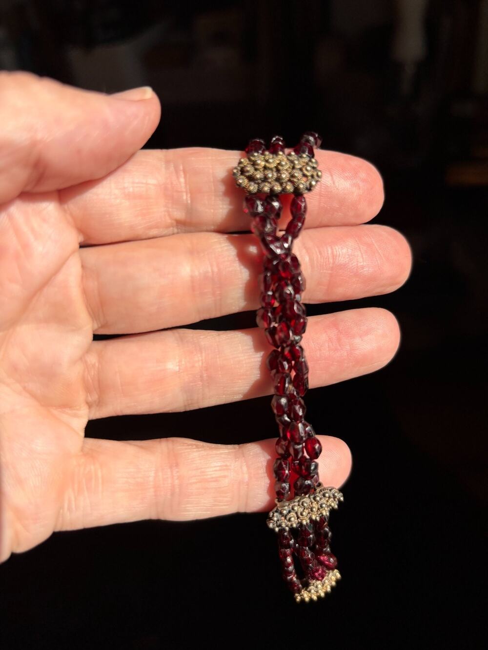 Antique Bohemian Garnet Bracelet Victorian 3 Strand Rosette Clasp 1900s